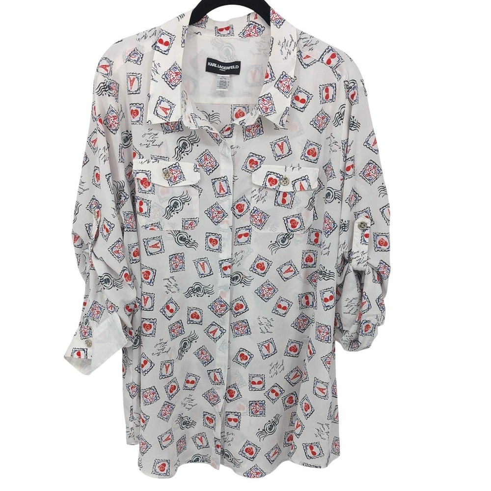 Karl Lagerfeld White Blouse with Red and Black Stamp Print